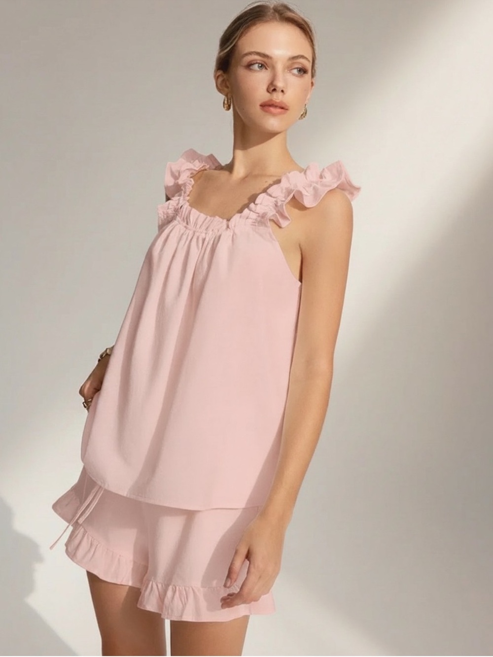 Commense Cotton Linen Blend Pink Ruffle-Trim Shorts Set